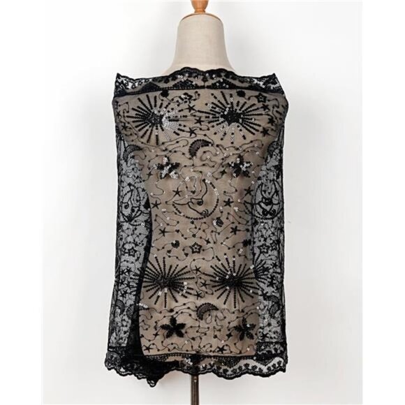 Boho‎ Black Moon & Star Sheer Mesh Sequin Embellished Shawl Wrap Scarf Formal - Picture 3 of 7